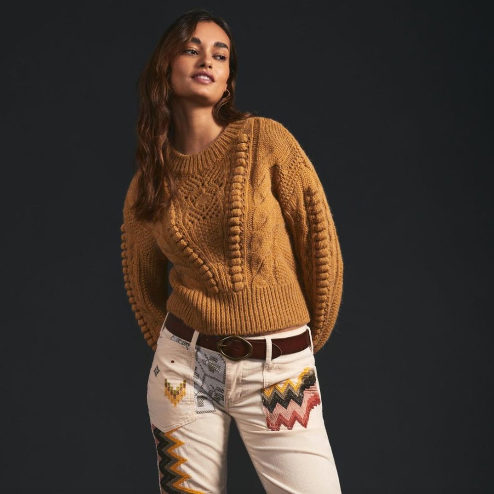 By Anthropologie Cropped Cable-Knit Sweater, Ochre/Mustard